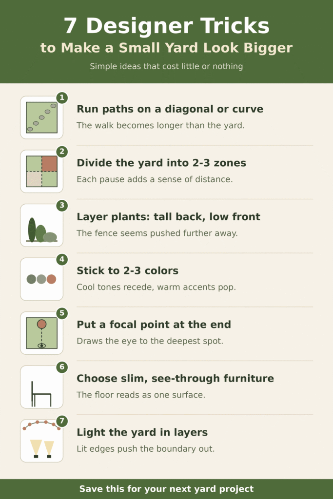 Infographic of 7 designer tricks to make a small yard look bigger