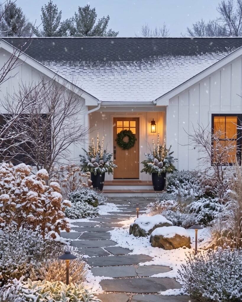After-Christmas winter planters by a farmhouse door with silver eucalyptus, frosted pine cones and warm fairy lights in the snow