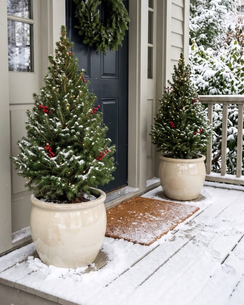 Two live dwarf Alberta spruce trees in cream planters with tiny lights and red berries on a snowy porch