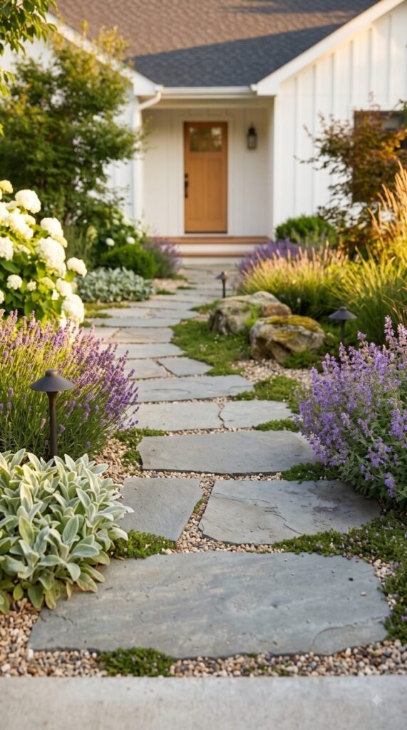 Natural flagstone stepping stones with creeping thyme between them, softened by lavender, catmint and lamb's ear