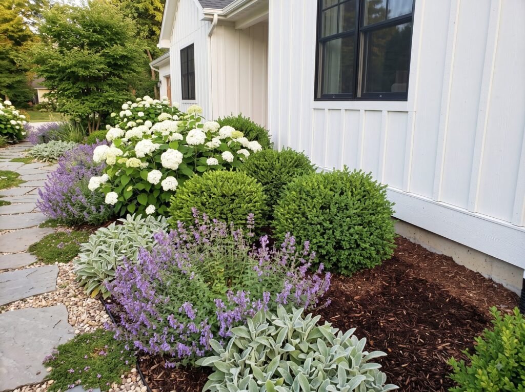 Layered foundation planting of boxwood, hydrangea and catmint along a white farmhouse wall