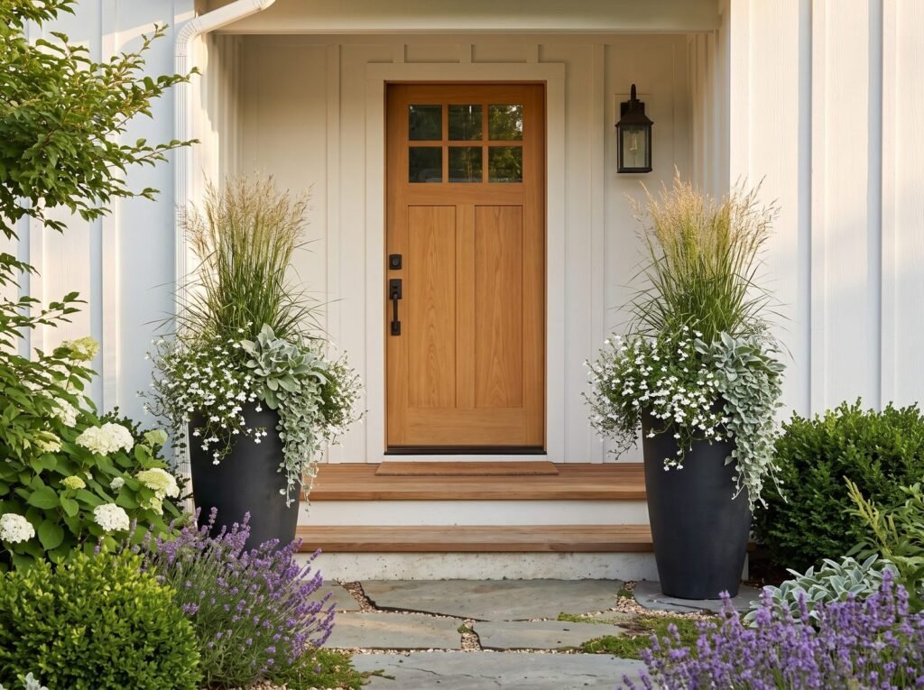 Two matching planters with ornamental grass and trailing plants on either side of a wooden front door