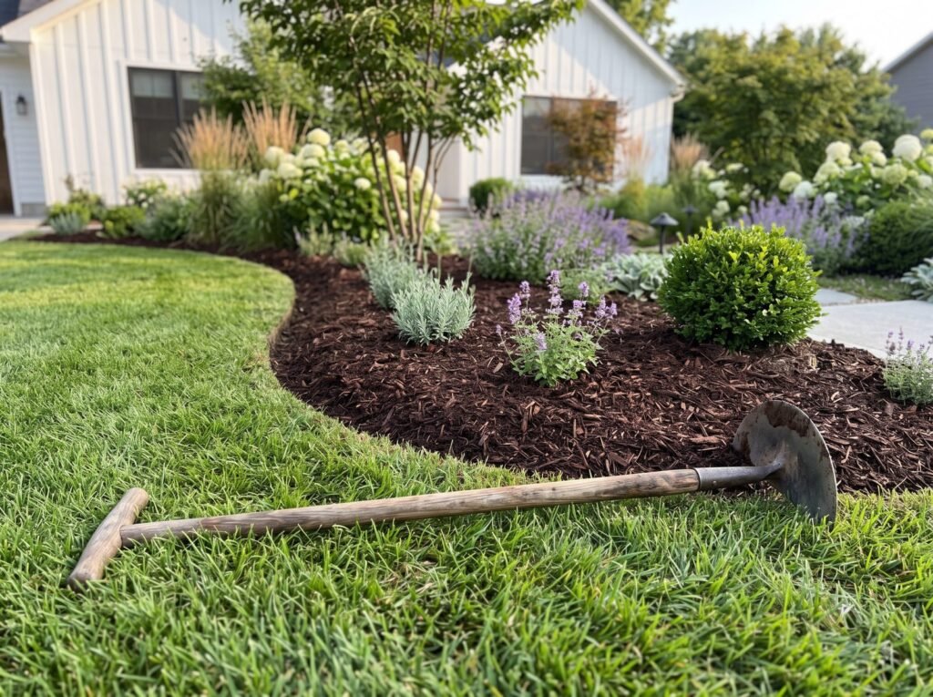Crisp spade-cut bed edge with fresh dark mulch along a front lawn