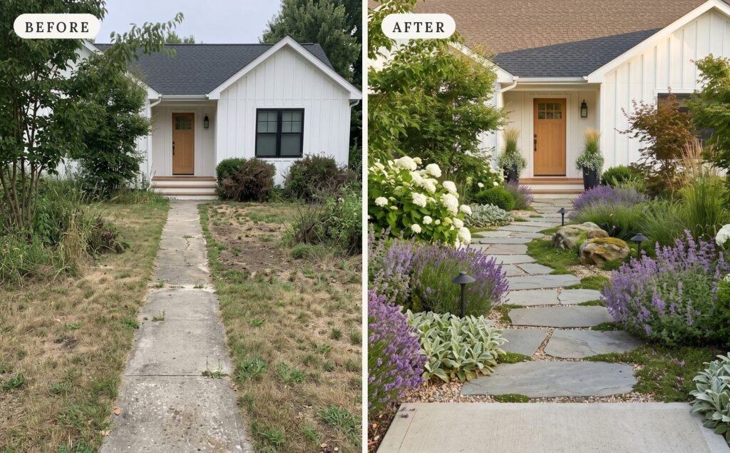 Front yard before and after: patchy lawn and cracked concrete walk replaced by a curving flagstone path and layered garden beds