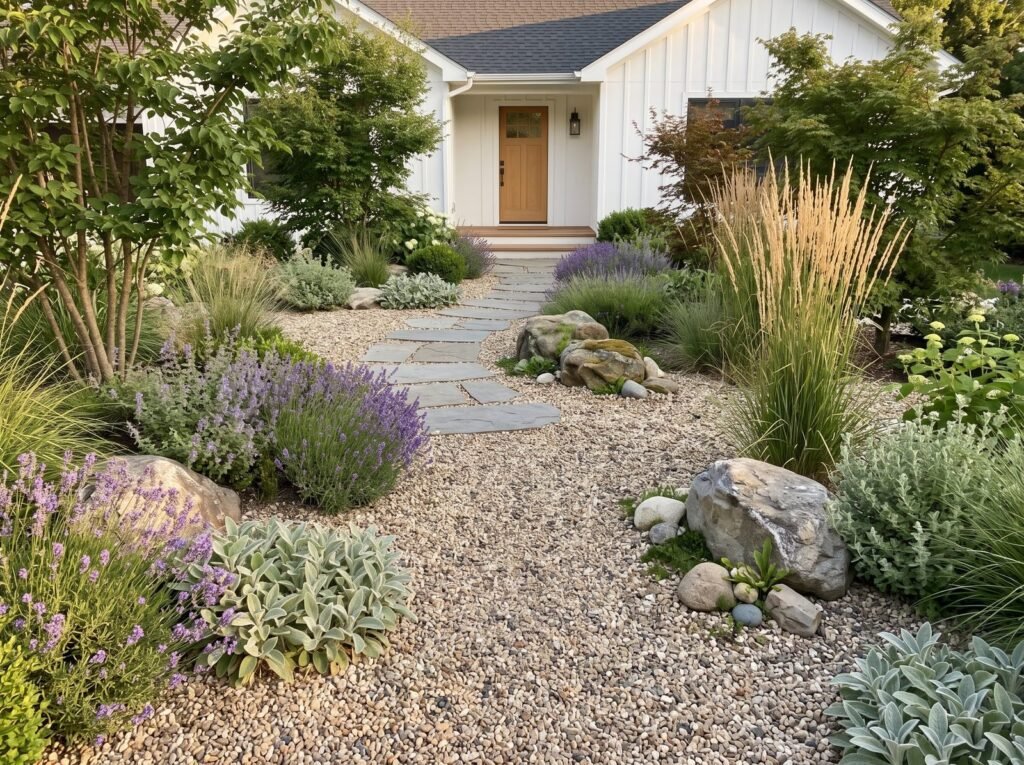 Small front yard gravel garden with ornamental grasses, lavender and boulders instead of lawn