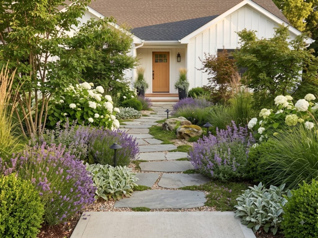 Curving flagstone front path lined with lavender, catmint, white hydrangeas and ornamental grasses in front of a white farmhouse with planters by the door