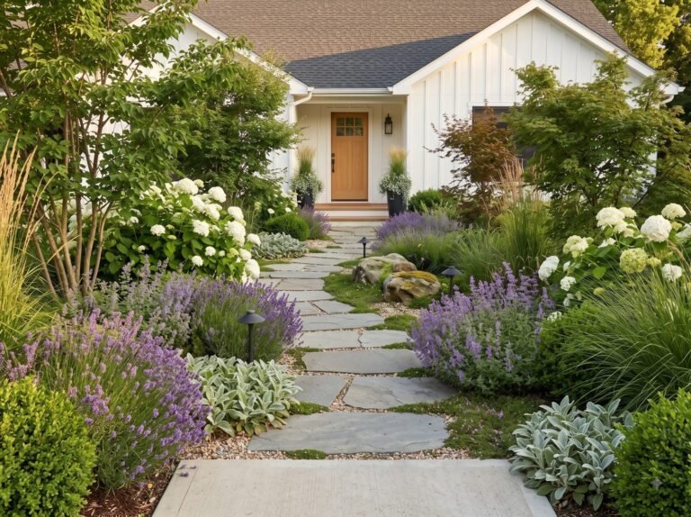 Curving flagstone front path lined with lavender, catmint, white hydrangeas and ornamental grasses in front of a white farmhouse with planters by the door