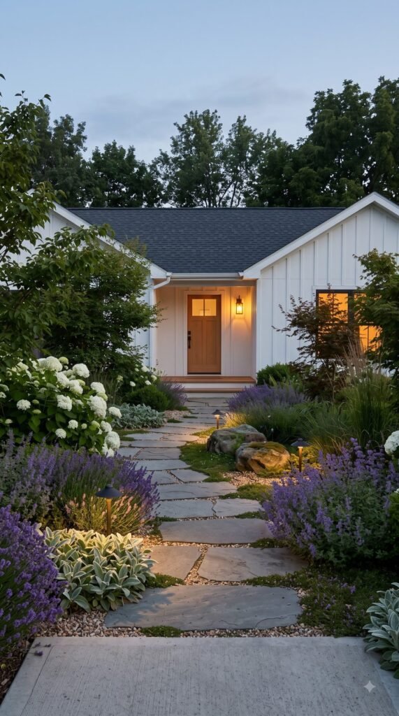 Front yard path at dusk with low black path lights glowing along the stepping stones and a warm porch light