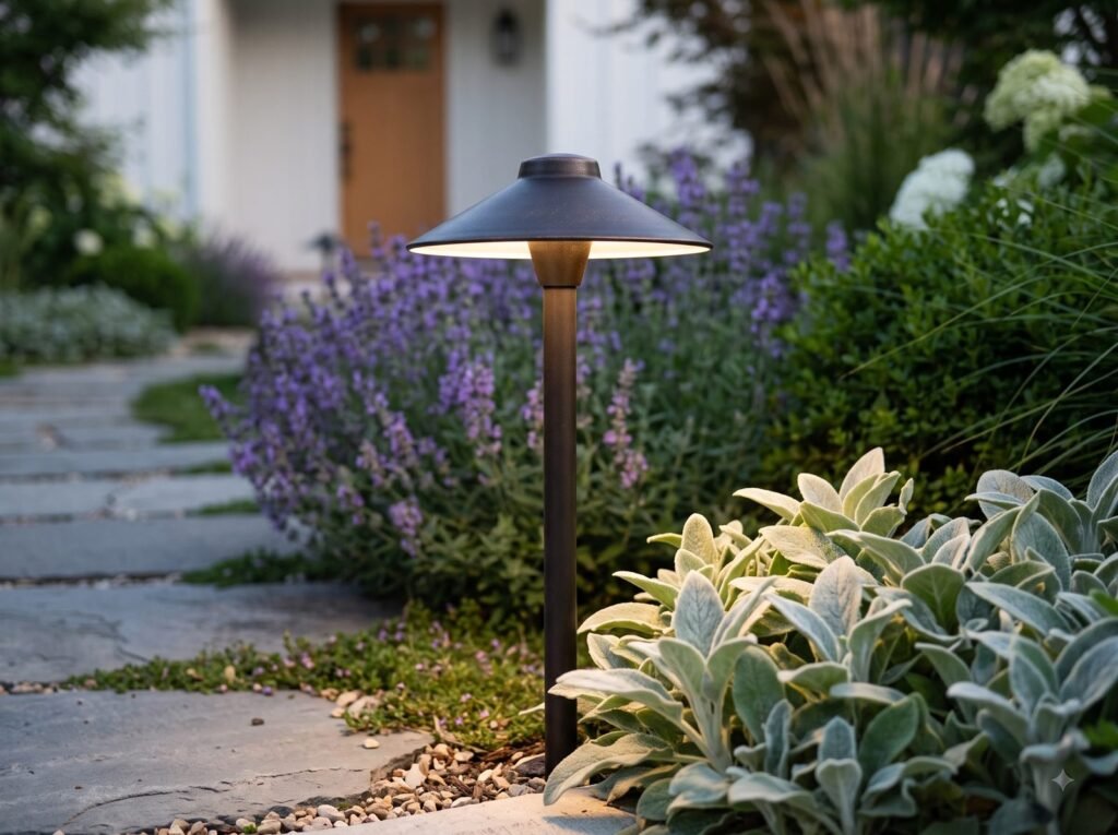 Dark bronze hat-top path light with a wide round shade standing between lavender and lamb's ear beside a flagstone path