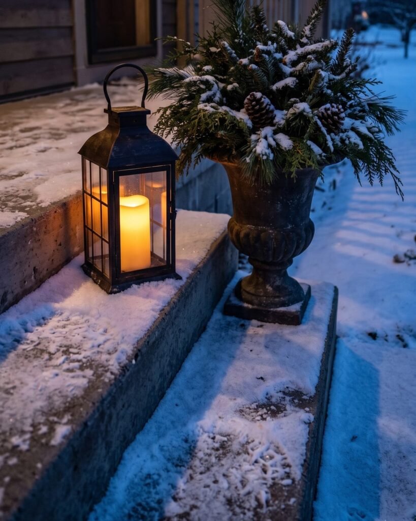 Black metal lantern with a glowing candle beside an evergreen urn planter on snowy porch steps at blue hour