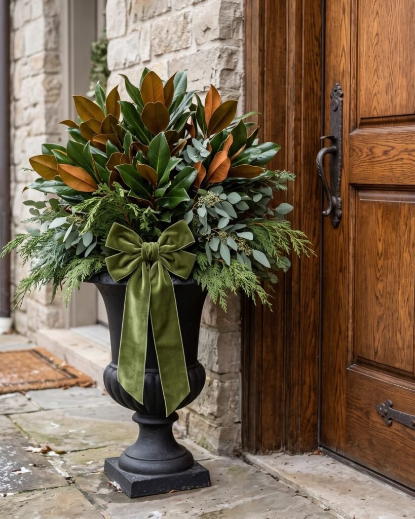 Black urn filled with magnolia leaves, cedar and eucalyptus finished with a moss-green velvet bow beside an oak door