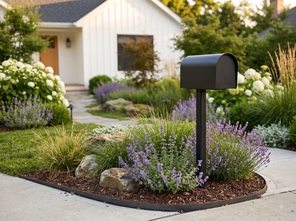 Black mailbox surrounded by a small bed of lavender, catmint and ornamental grass