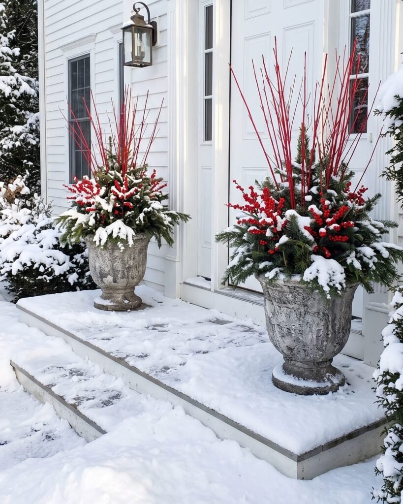 Stone planters by a white front door filled with red twig dogwood stems, fir branches and winterberry in the snow