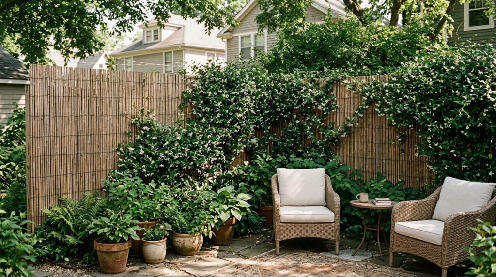 Bamboo privacy screen behind a small backyard seating area