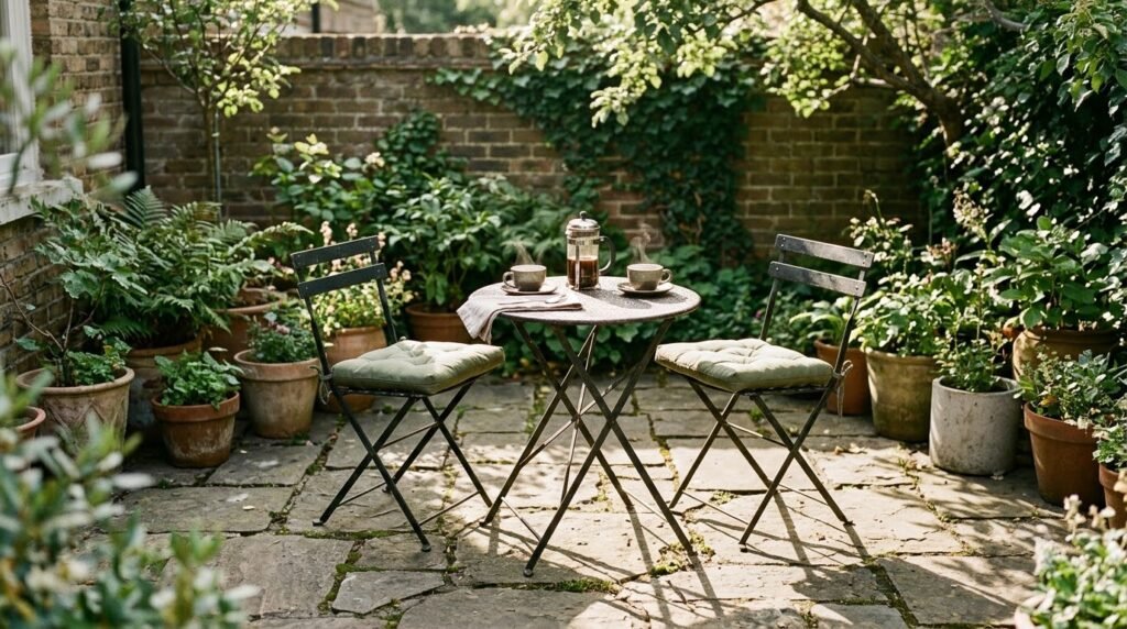 Folding metal bistro table and two chairs on a small patio