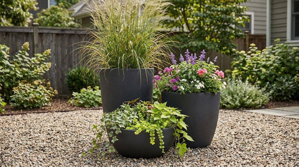 Three planters of different heights grouped on a gravel patio