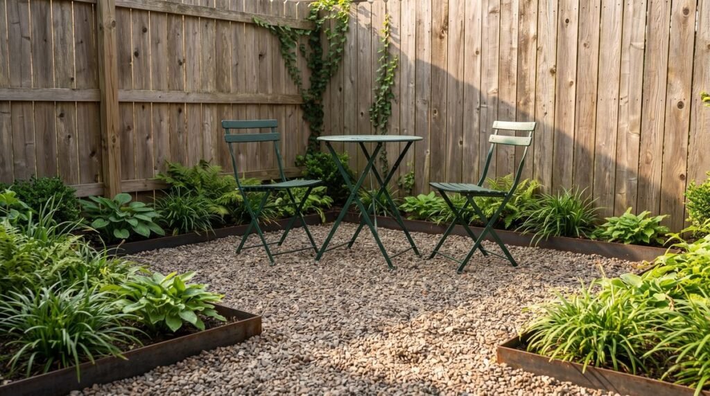 Small backyard gravel patio with metal edging and bistro chairs
