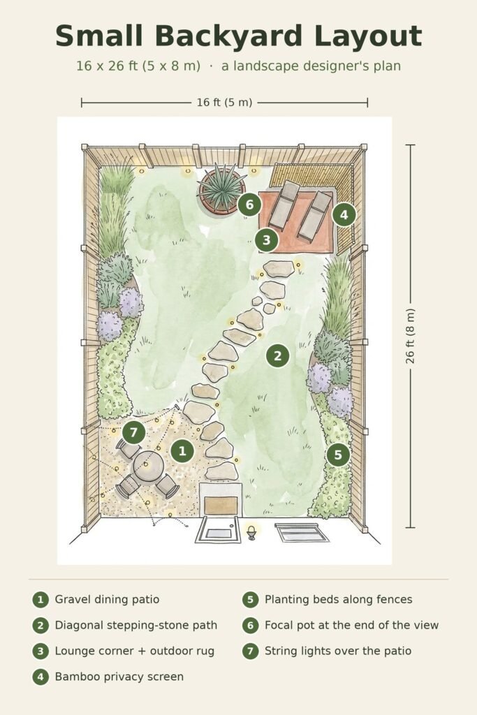 Landscape design plan of a 16 x 26 ft small backyard with patio, lounge, planting beds and diagonal path