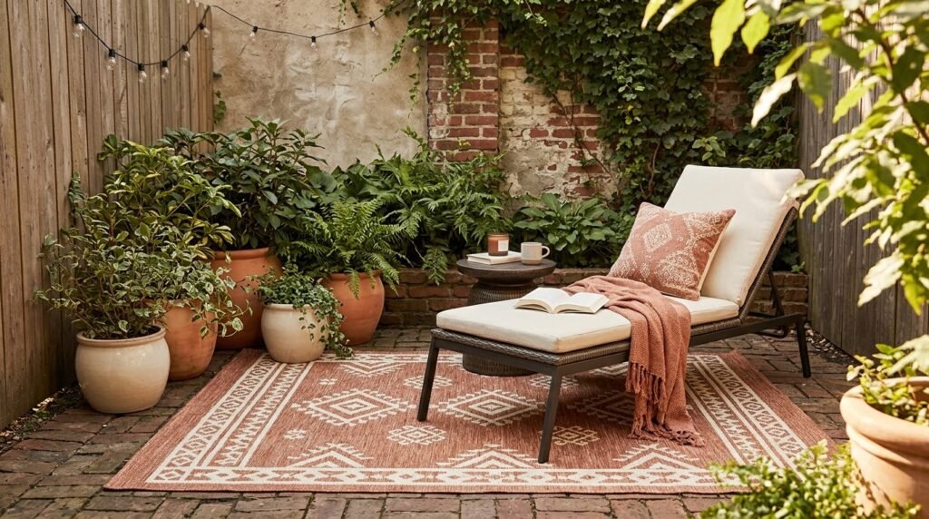 Outdoor rug under a lounge chair on a small patio