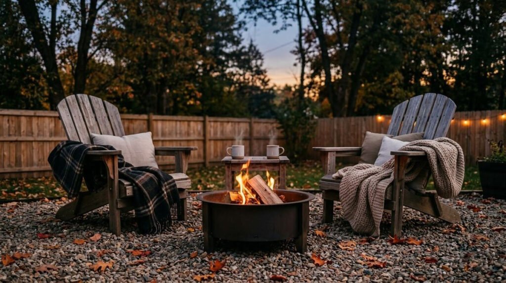 Small portable fire pit on a gravel patio with two chairs