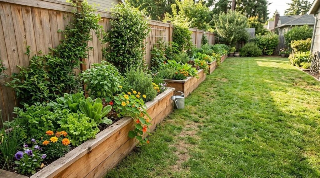 Wooden raised garden beds lining the fence of a small backyard