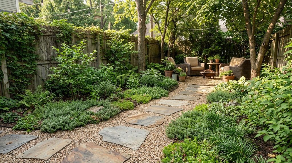 Stepping stone path curving through gravel and low plants