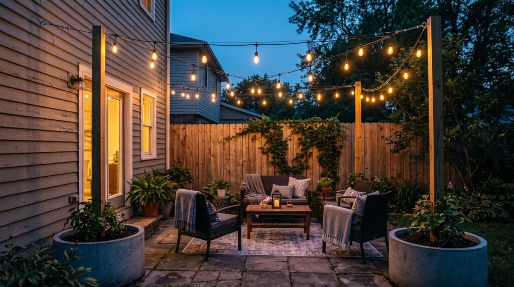 String lights zigzagging over a small backyard patio at night