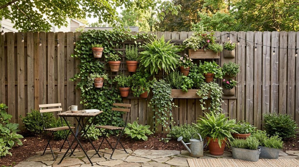 Vertical garden with wall-mounted planters on a backyard fence