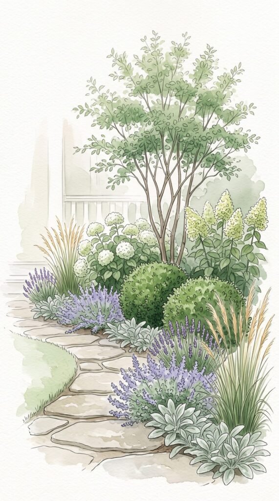 Watercolor illustration of a three-layer front garden: small tree and hydrangea at the back, boxwood in the middle, grasses, lavender and lamb's ear at the edge