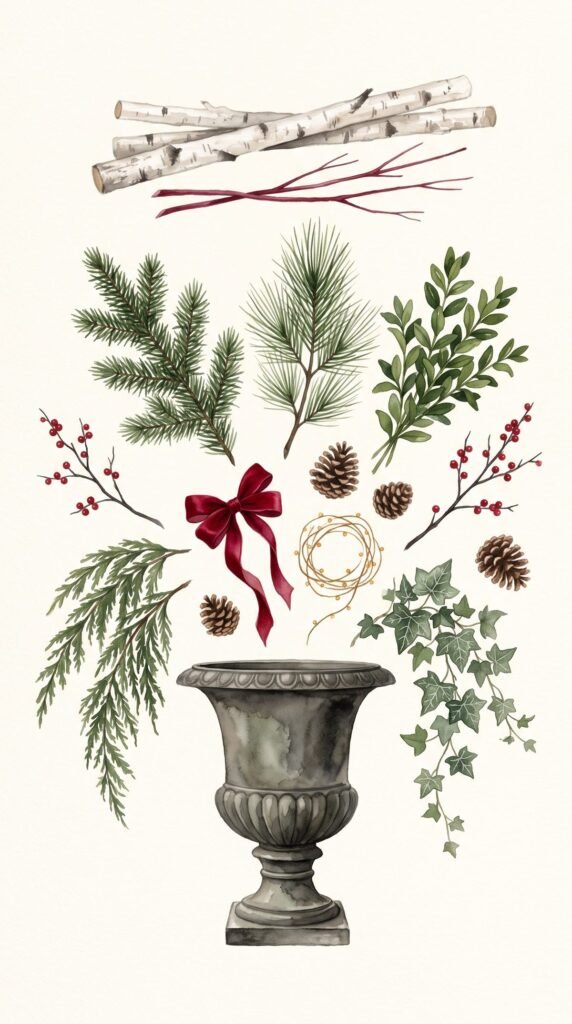 Watercolor recipe for a winter planter: birch poles and red dogwood (thriller), fir, pine and boxwood (filler), cedar and ivy (spiller), with berries, pine cones, a bow and fairy lights