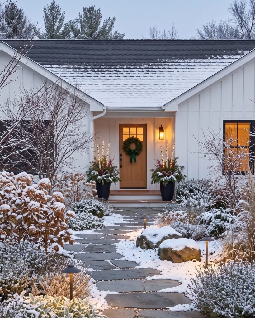 White farmhouse at dusk with a pair of black urn planters full of evergreens, birch poles and fairy lights, and a wreath with a green velvet bow