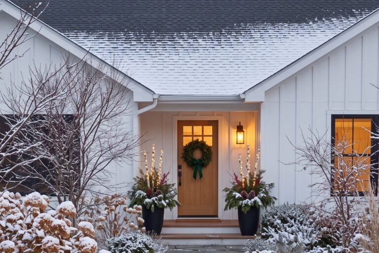 Farmhouse front door at dusk with a pair of black urn planters filled with evergreens, birch poles and fairy lights