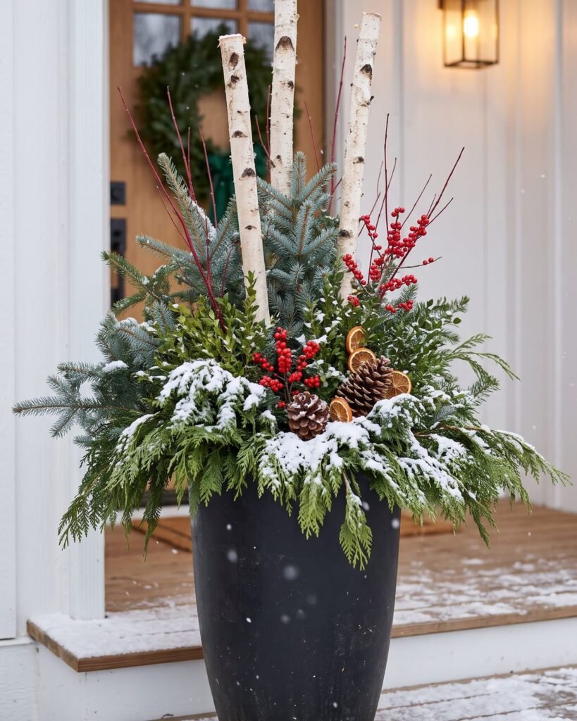 Close-up of a black urn planter on a snowy porch filled with fir, cedar, birch poles, red winterberry and pine cones