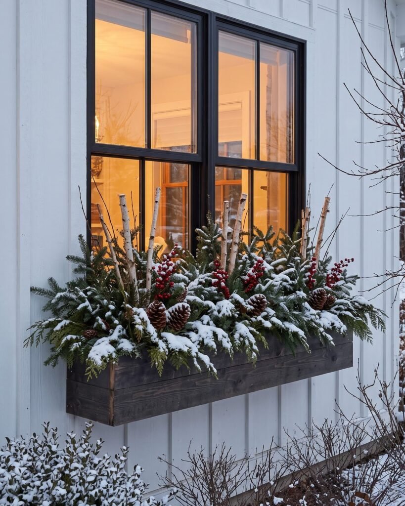 Winter window box filled with fir, cedar, birch twigs, pine cones and red berries under a glowing farmhouse window